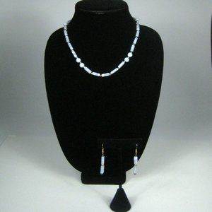 Set 3 Dangle Earrings Necklace 18 in Gray Stone Bead Strand Collar Copper Color